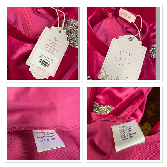 NWT Ivy City Co Pink Velvet Rhinestone Bows Feather Cuff Midi Dress Glam Twee M - Picture 6 of 15
